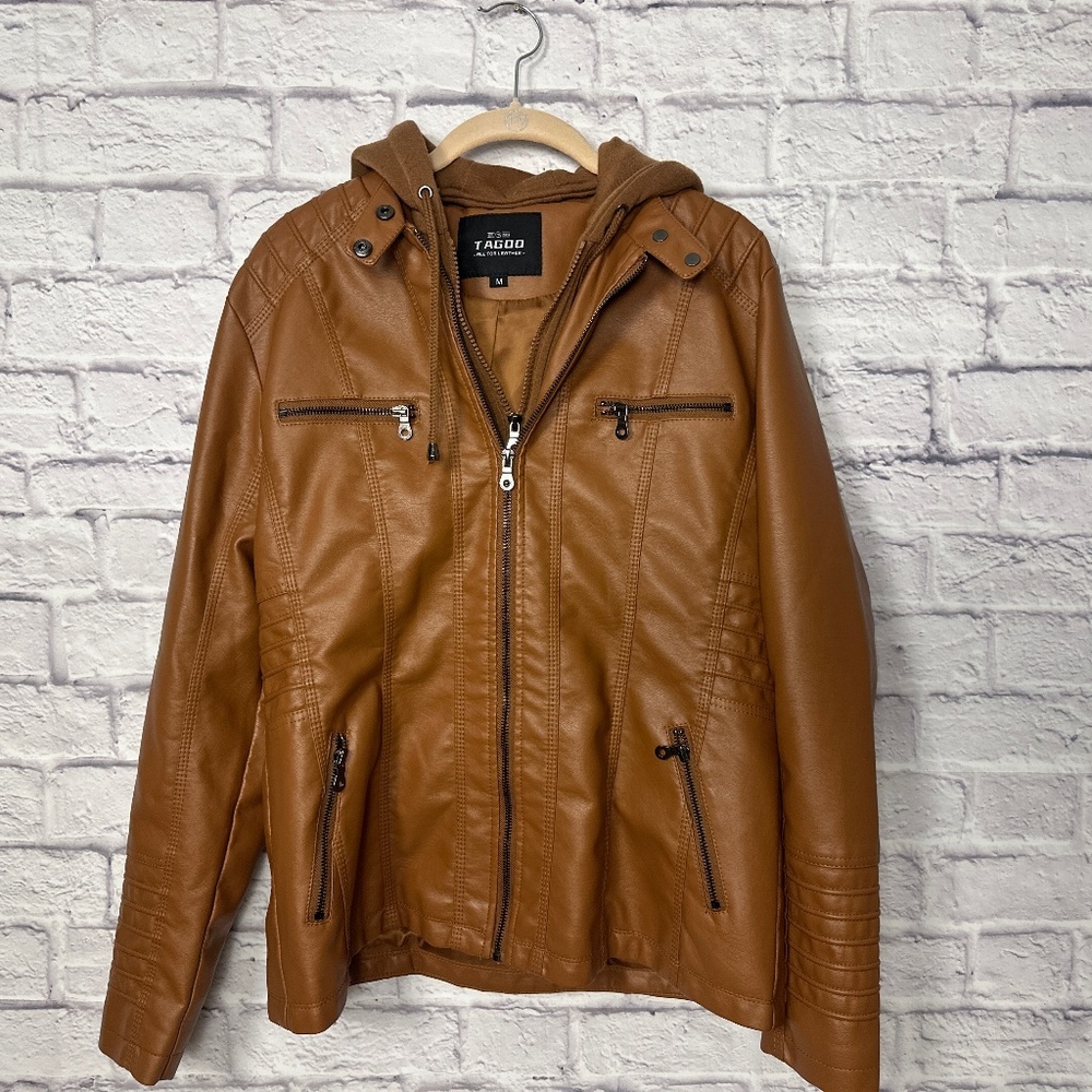 TAGOO Faux Leather Moto Jacket with Removable Hood – Brown – Size M